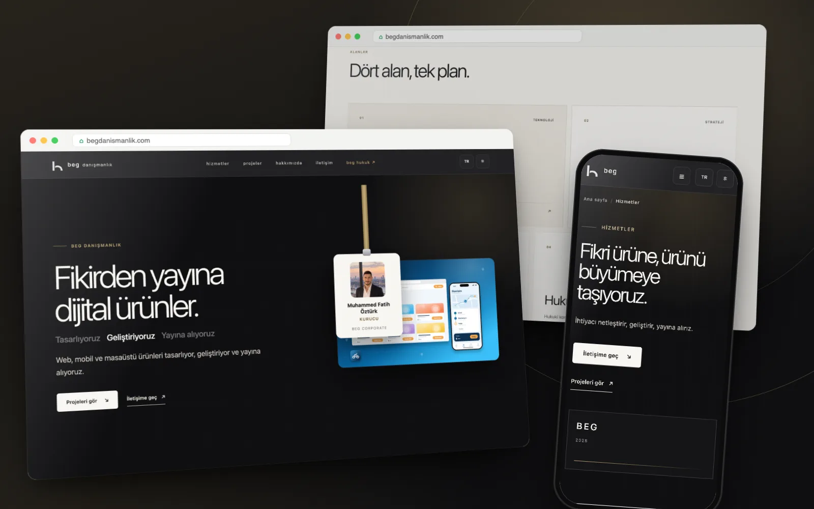 BEG Danışmanlık: canlı sitenin ana sayfası, masaüstü ve telefonda