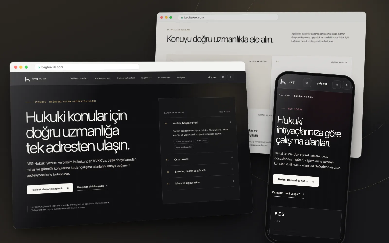 BEG Hukuk: canlı sitenin ana sayfası, masaüstü ve telefonda